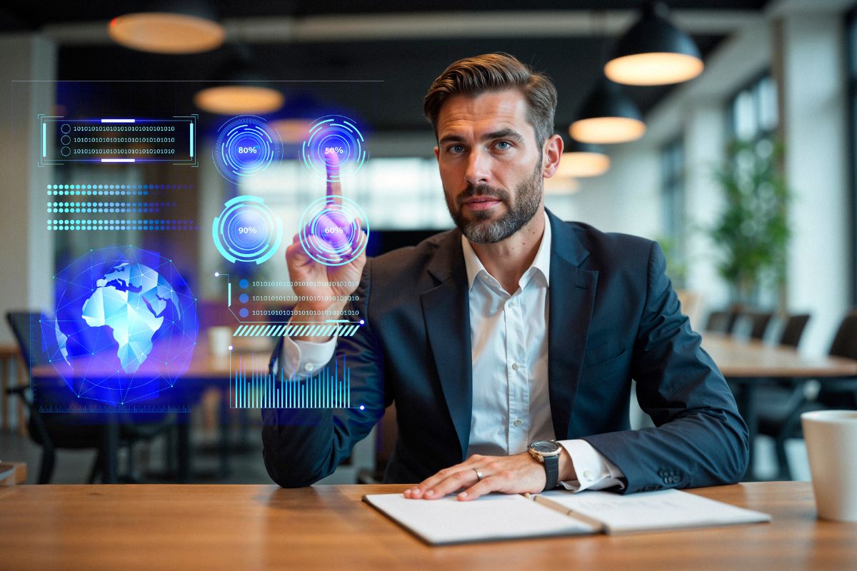 Hombre de negocios mostrando una laptop con el diseño de una página web en construcción, simbolizando la creación de un sitio web profesional.