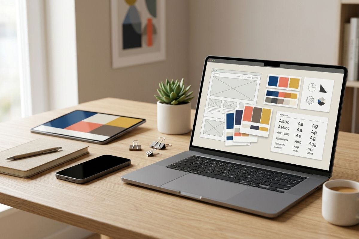 Hombre de negocios mostrando una laptop con el diseño de una página web en construcción, simbolizando la creación de un sitio web profesional.