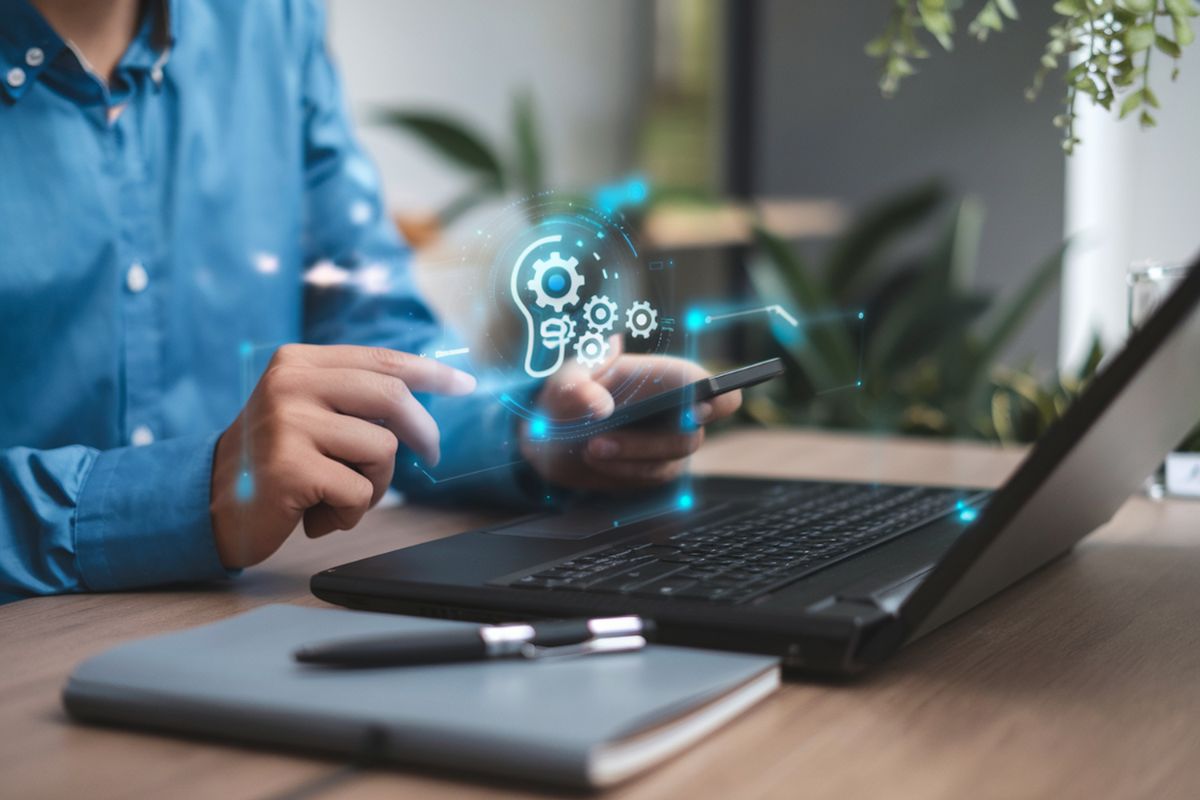 Hombre de negocios mostrando una laptop con el diseño de una página web en construcción, simbolizando la creación de un sitio web profesional.